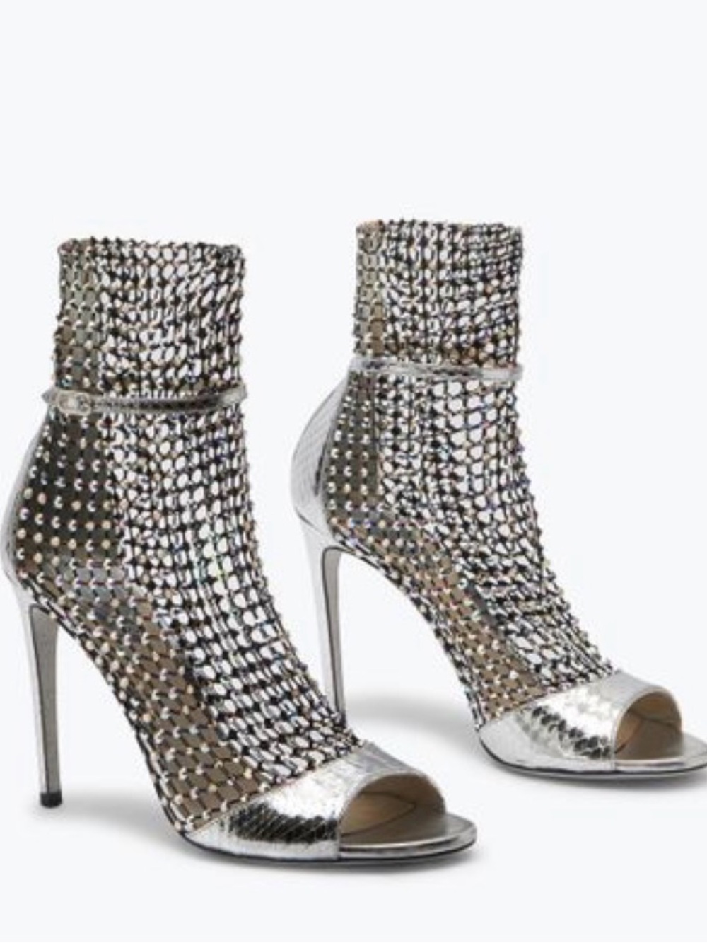 Rene Caovilla Silver Crystal Mesh Peep-Toe Ankle Stilettos